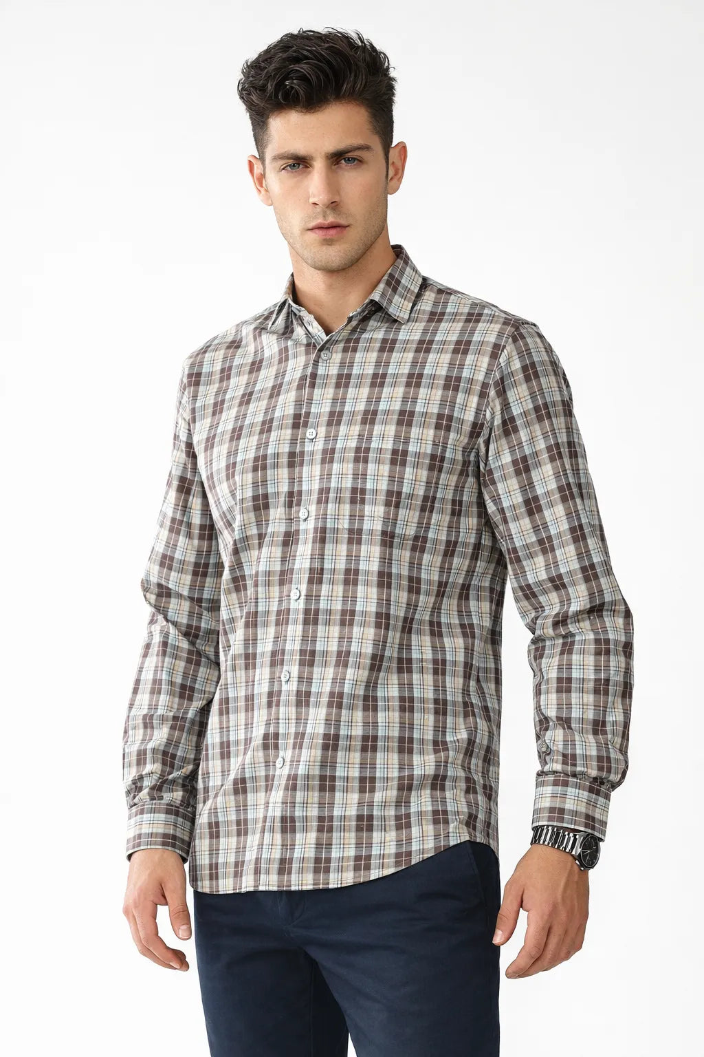 Brown Taupe Multi Color Plaid Shirt