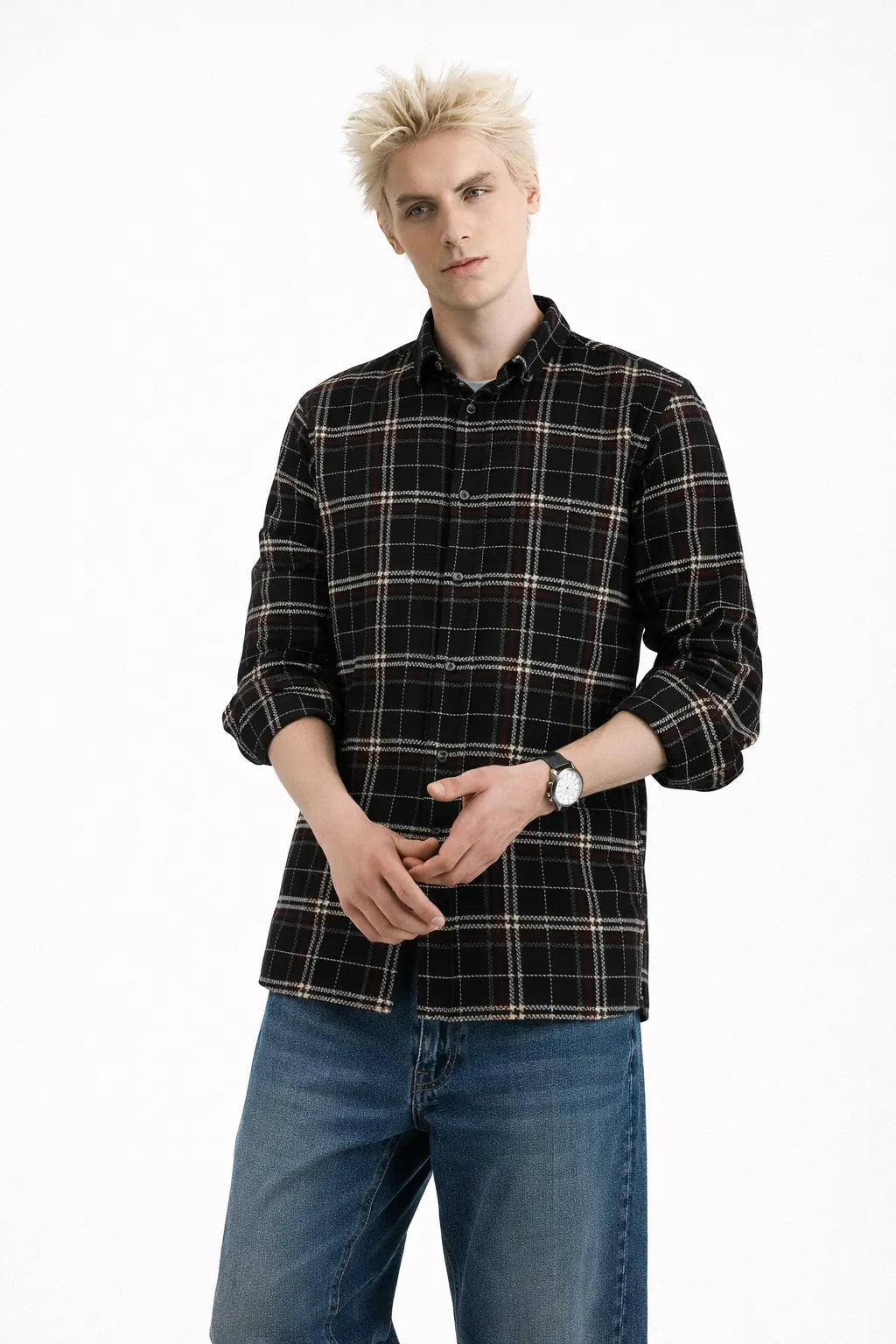 Black & Beige Windowpane Shirt Slim Fit
