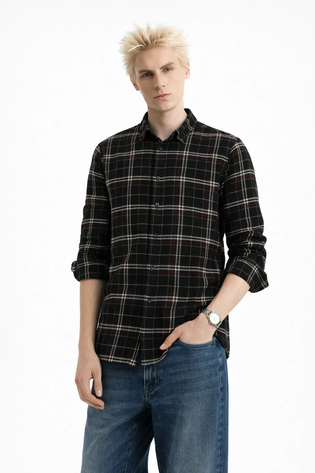 Black & Beige Windowpane Shirt Slim Fit