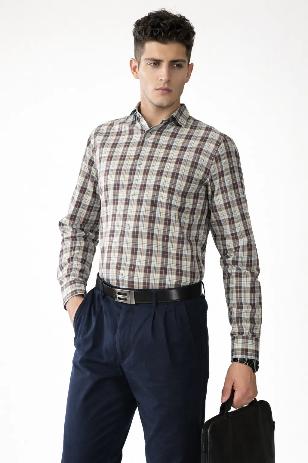 Brown Taupe Multi Color Plaid Shirt