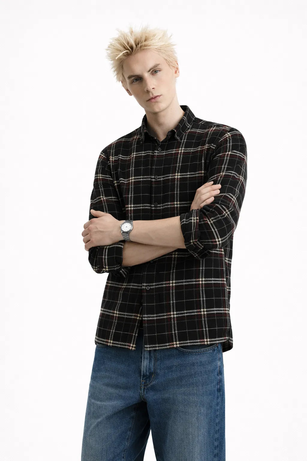 Black & Beige Windowpane Shirt Slim Fit