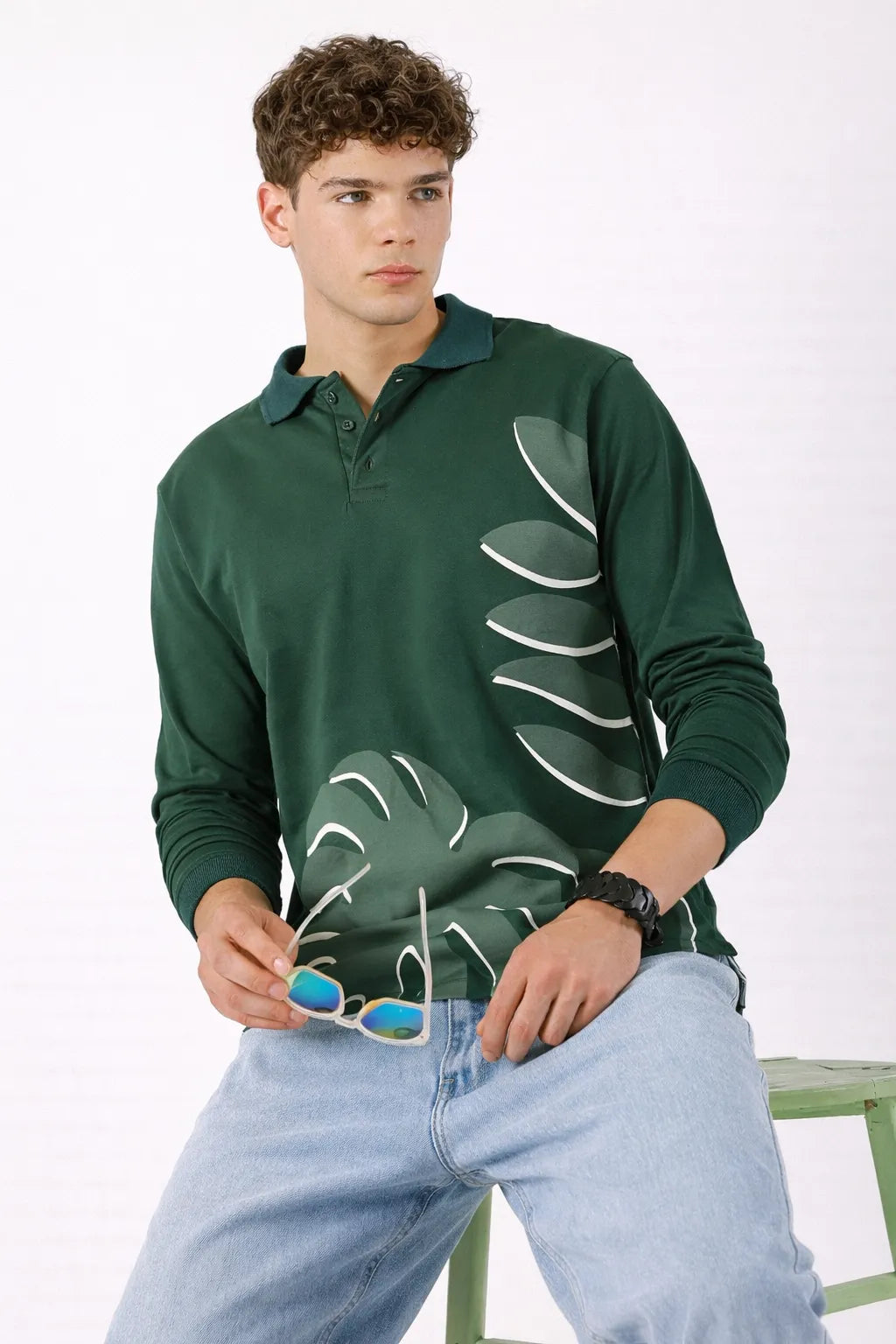 Progress Over Perfection Bottle Green Collared Full Sleeve T‑Shirt