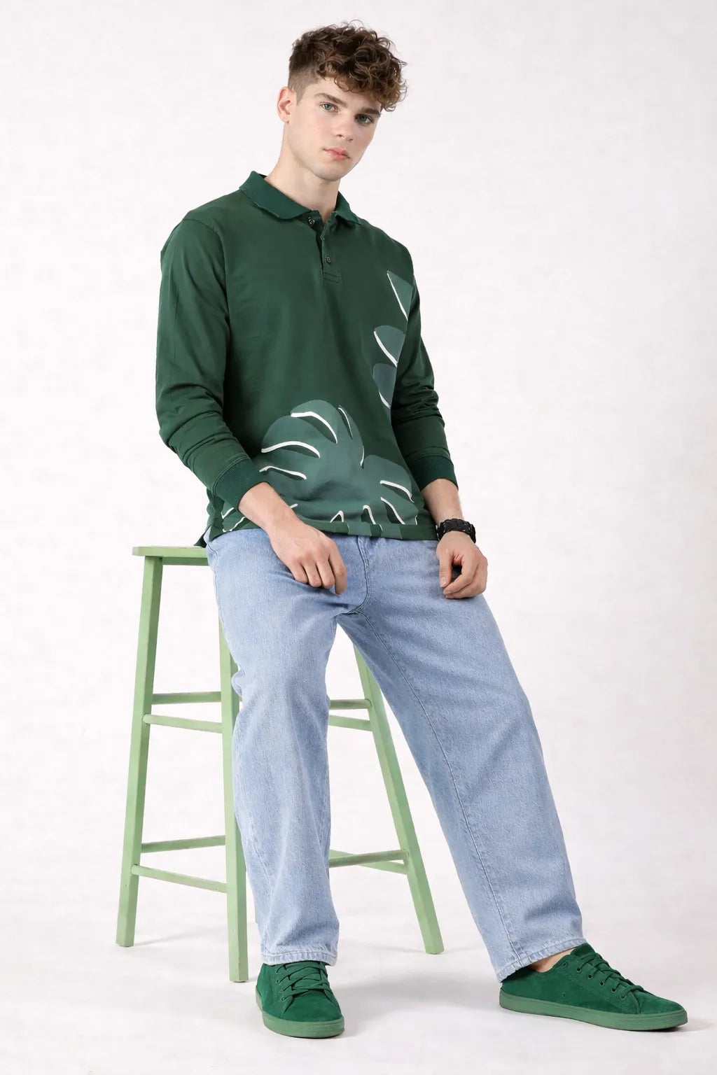 Progress Over Perfection Bottle Green Collared Full Sleeve T‑Shirt