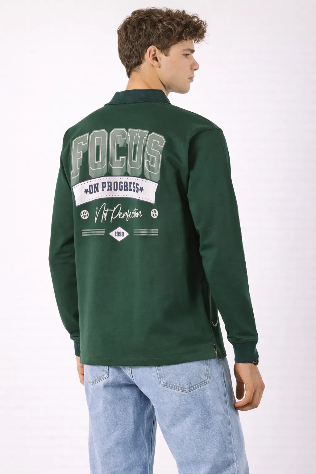 Progress Over Perfection Bottle Green Collared Full Sleeve T‑Shirt
